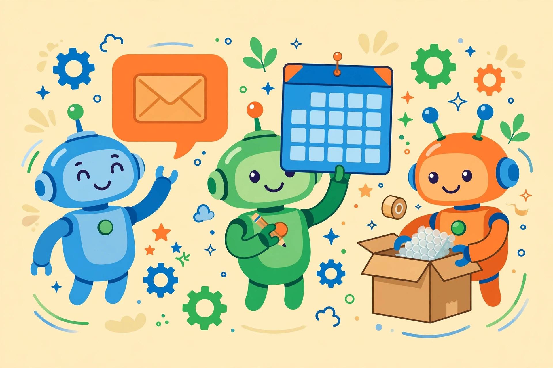 Colorful illustration of small robot assistants handling business tasks like email, scheduling, and packing boxes