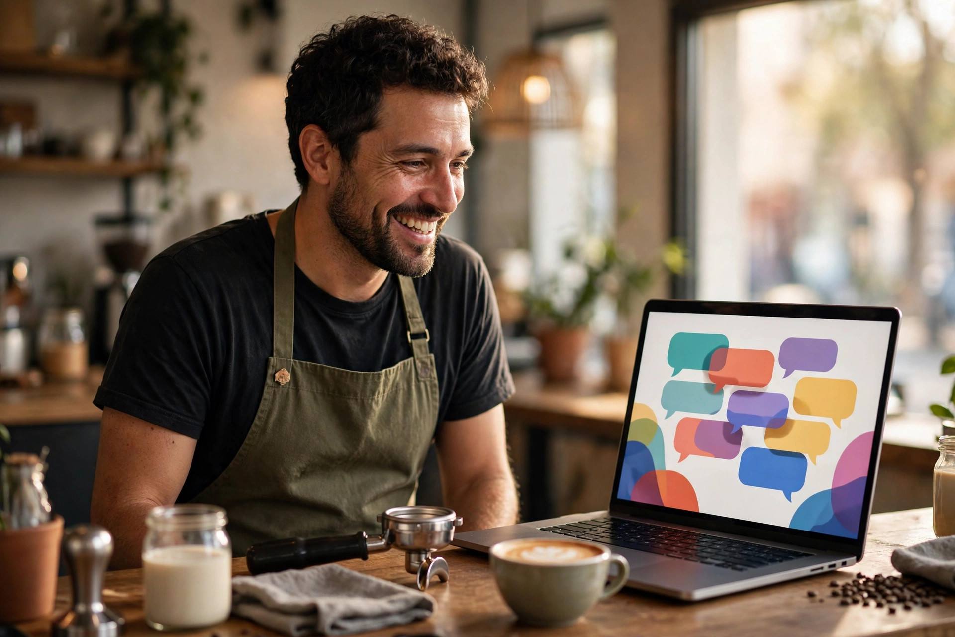 Smiling small business owner in a cafe with a laptop showing AI assistant chat bubbles