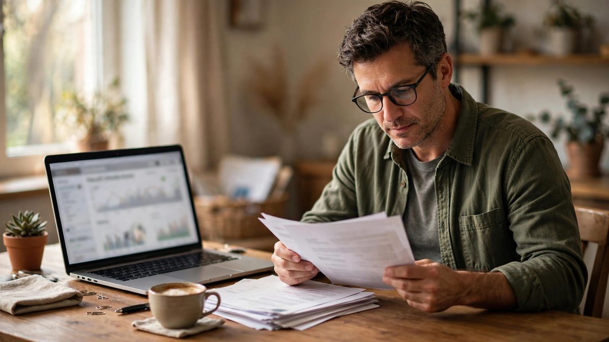 Small business owner reviewing CHOICE Arrangement health benefit documents and plan comparisons at a desk