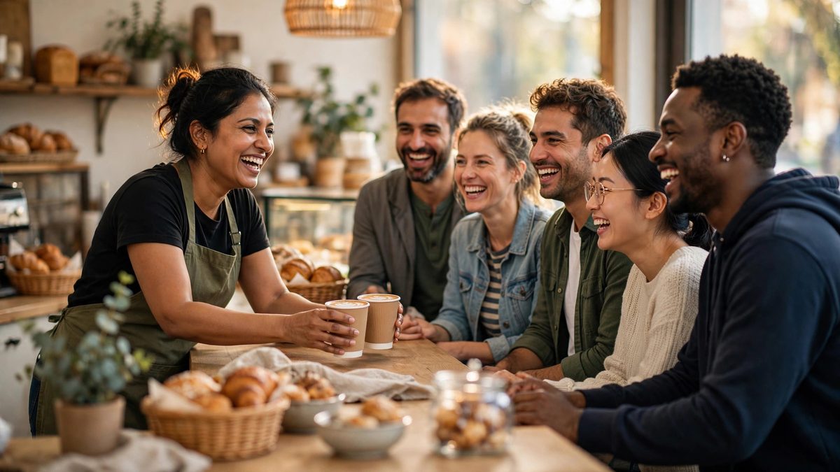 Happy small business team in a cafe whose health benefits come through a CHOICE Arrangement