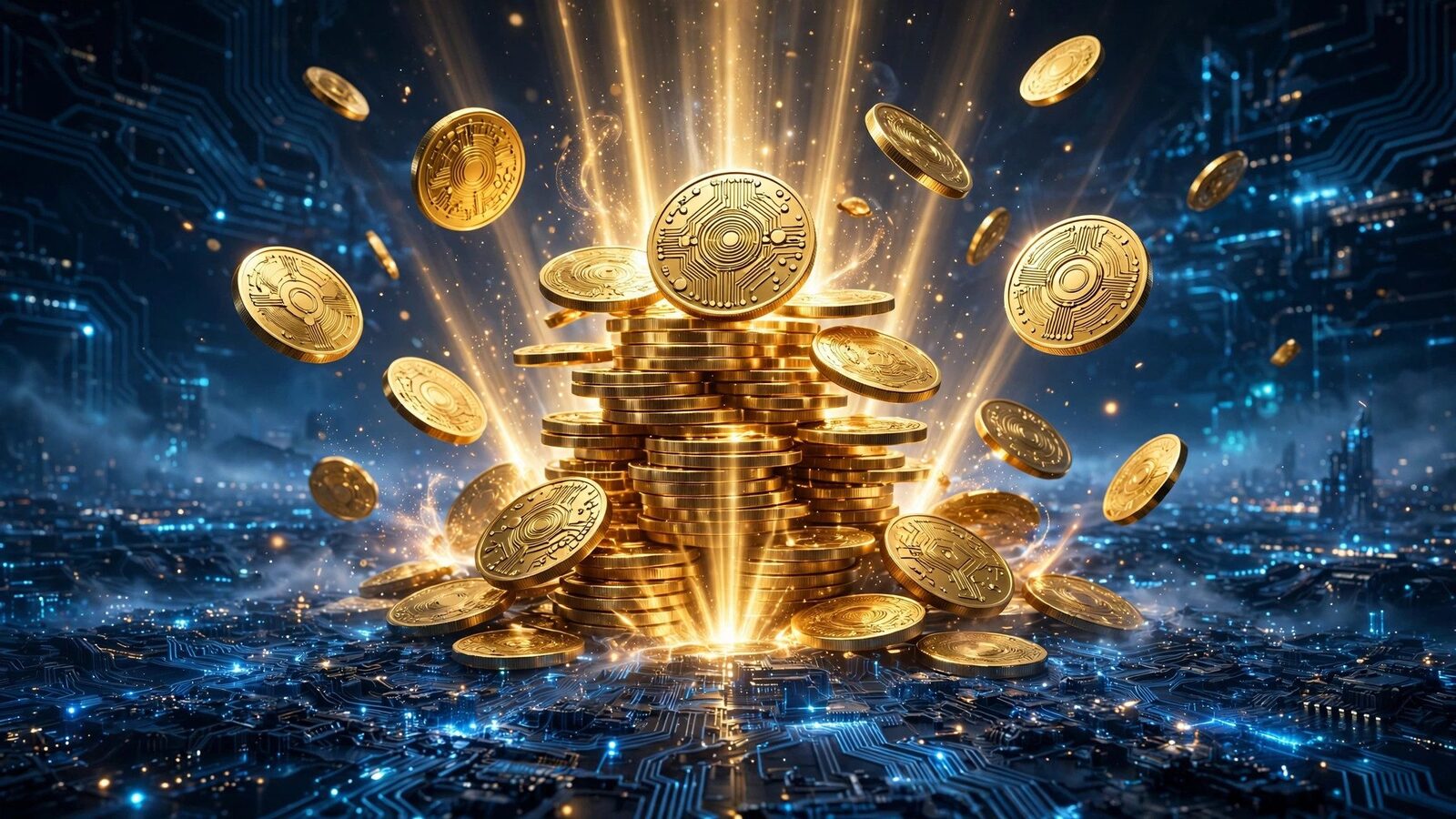 Bitcoin coins on a black surface