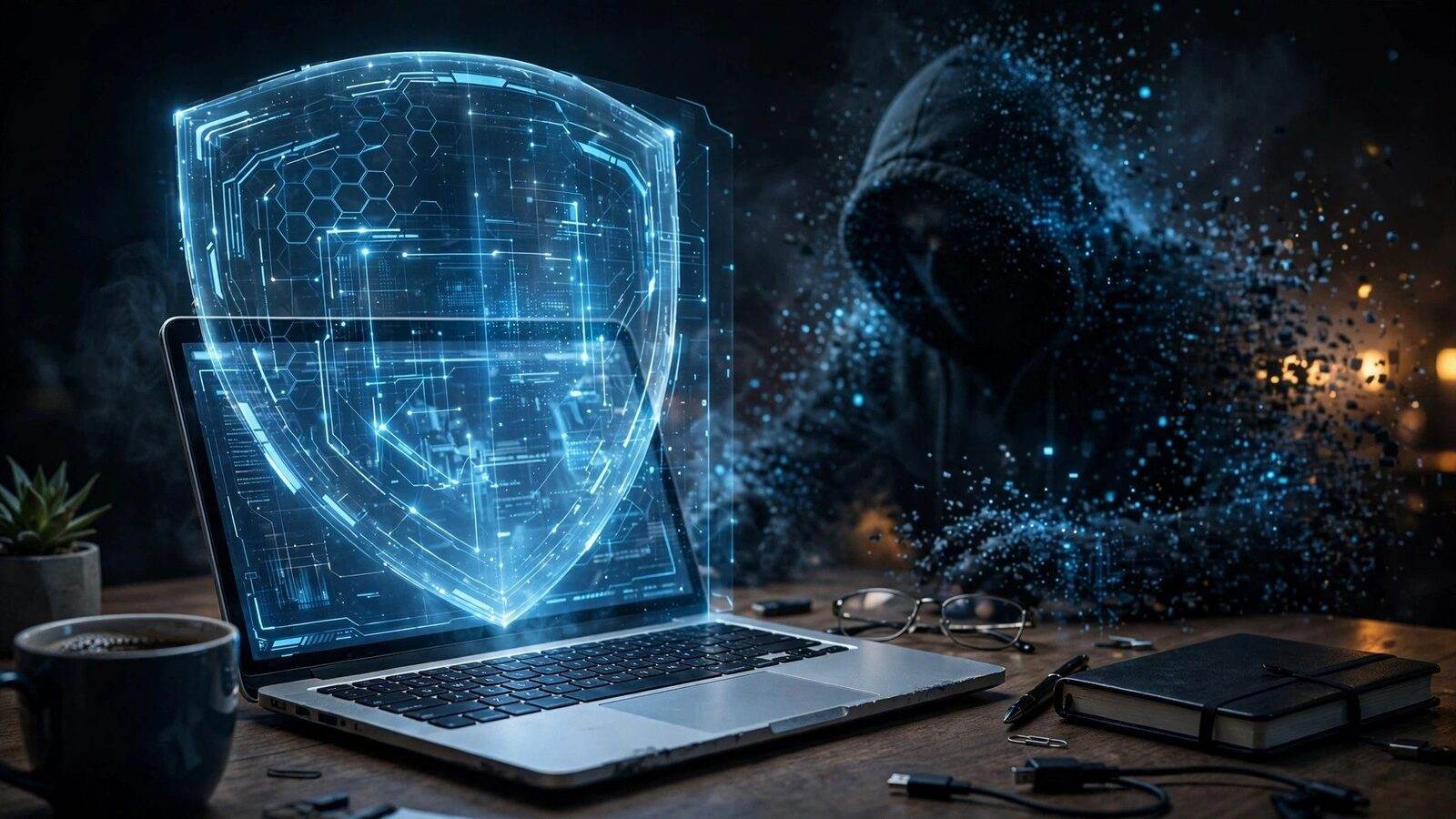 Small business laptop protected from cyber attack with digital shield