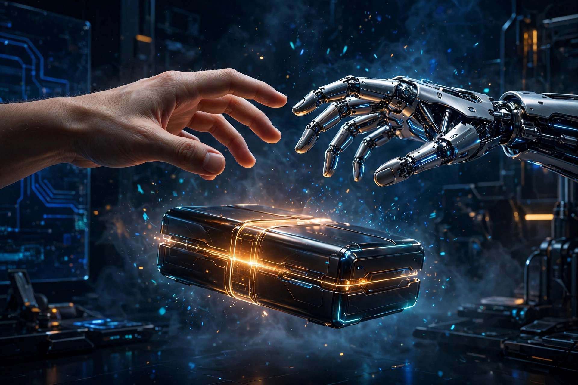 Human and robot hands reaching toward each other over a glowing briefcase, representing new entry-level AI roles in 2026