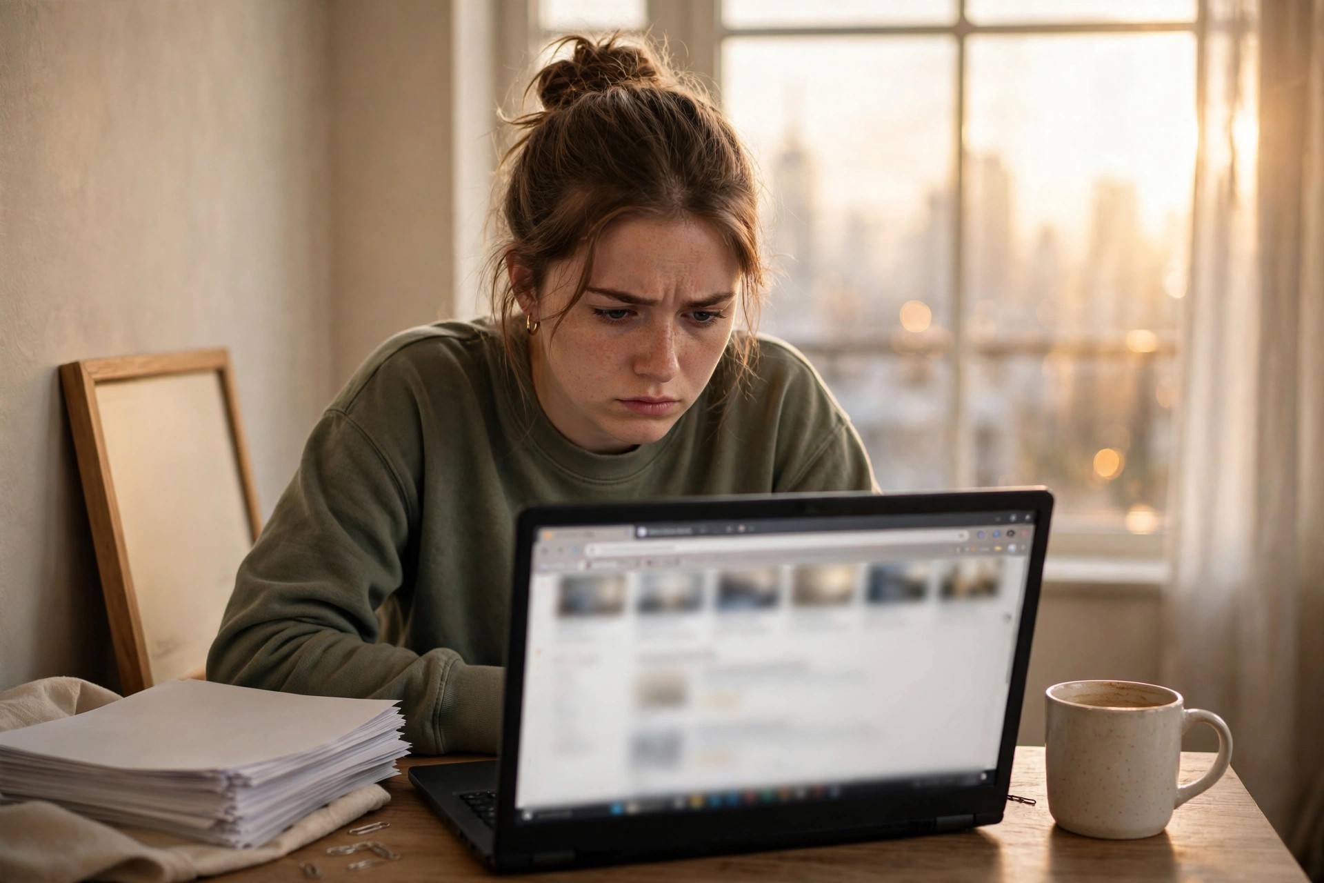 Young graduate applying for entry-level jobs in 2026 at her desk, laptop glowing in morning light, city skyline outside the window