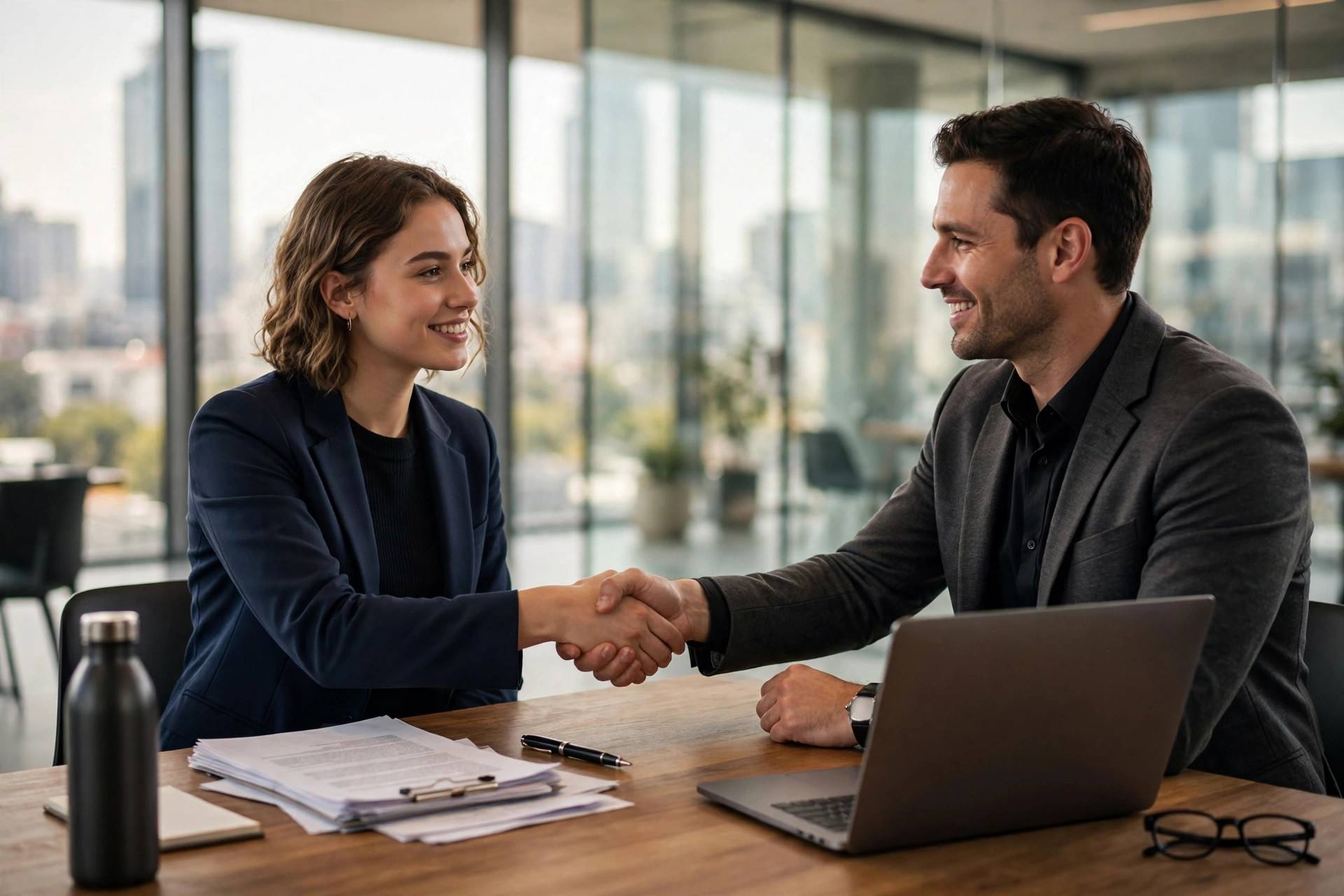 Young candidate shaking hands with a hiring manager across a conference table during a job interview