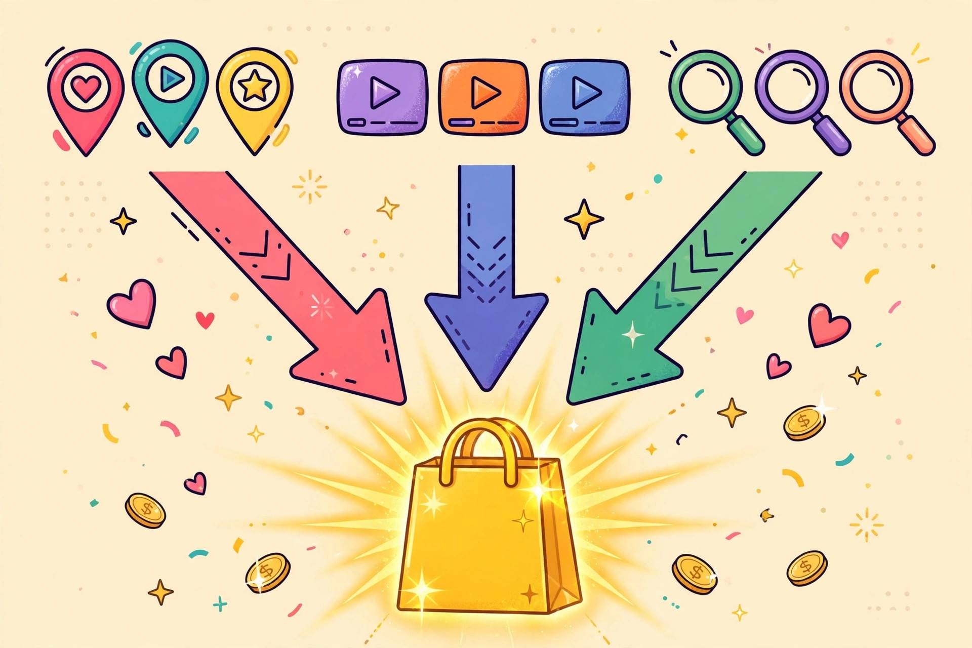 Colorful illustration of free traffic funnel for faceless digital products, pins and videos flowing into sales