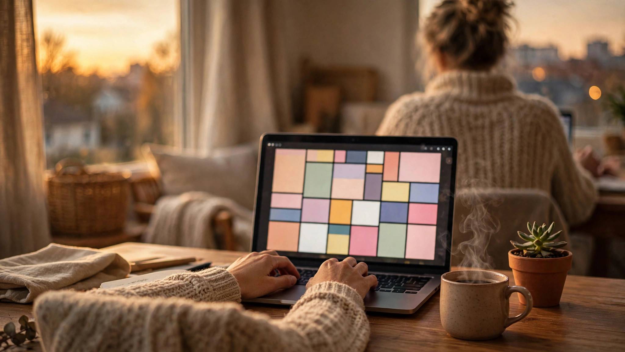 Faceless digital product creator working at a cozy home desk on planner designs, faceless digital products playbook