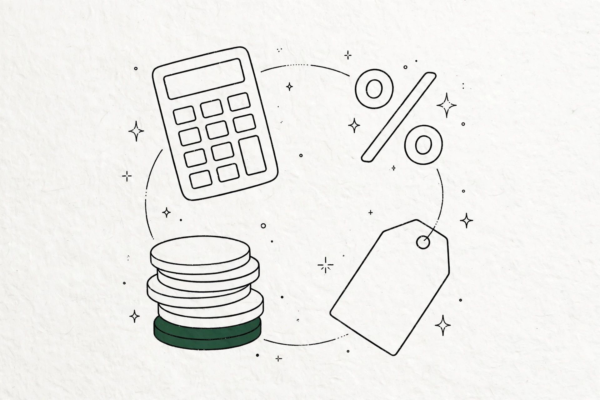 Minimalist line art of calculator, coins and price tag showing faceless digital product fee math