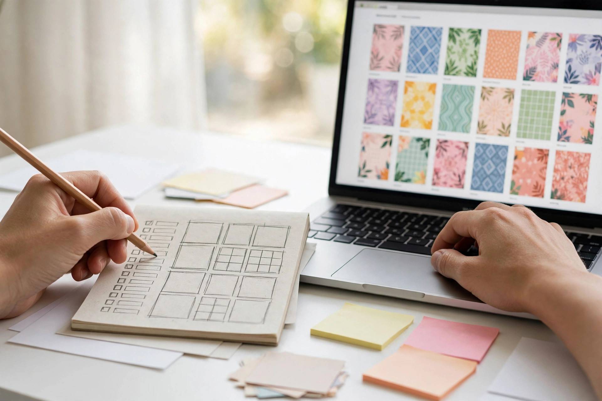 Hands designing faceless digital product templates and checklists on paper and laptop, best digital products to sell 2026