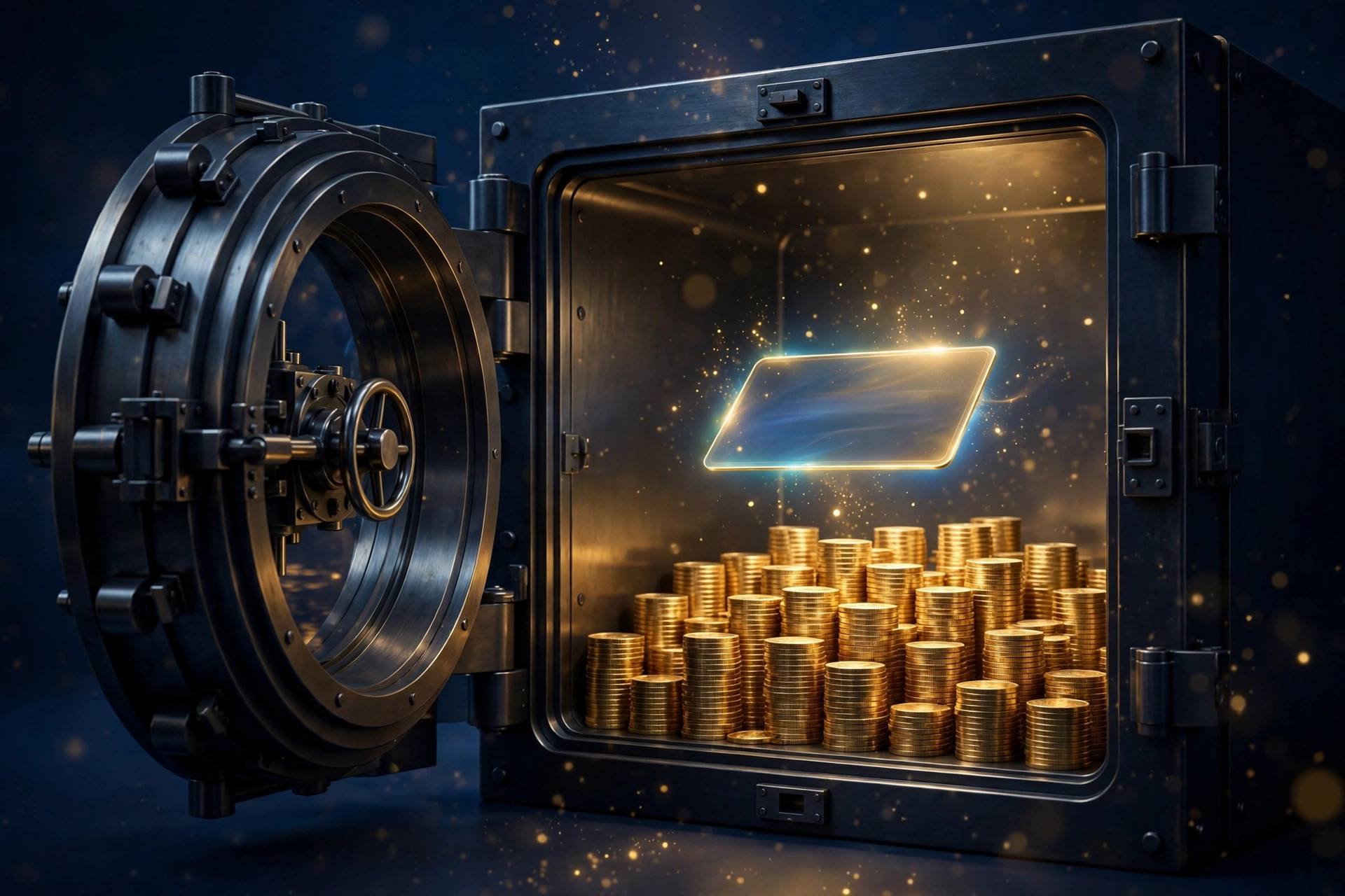 Open bank vault with gold coins and a glowing savings card, high-yield savings after the Fed hike