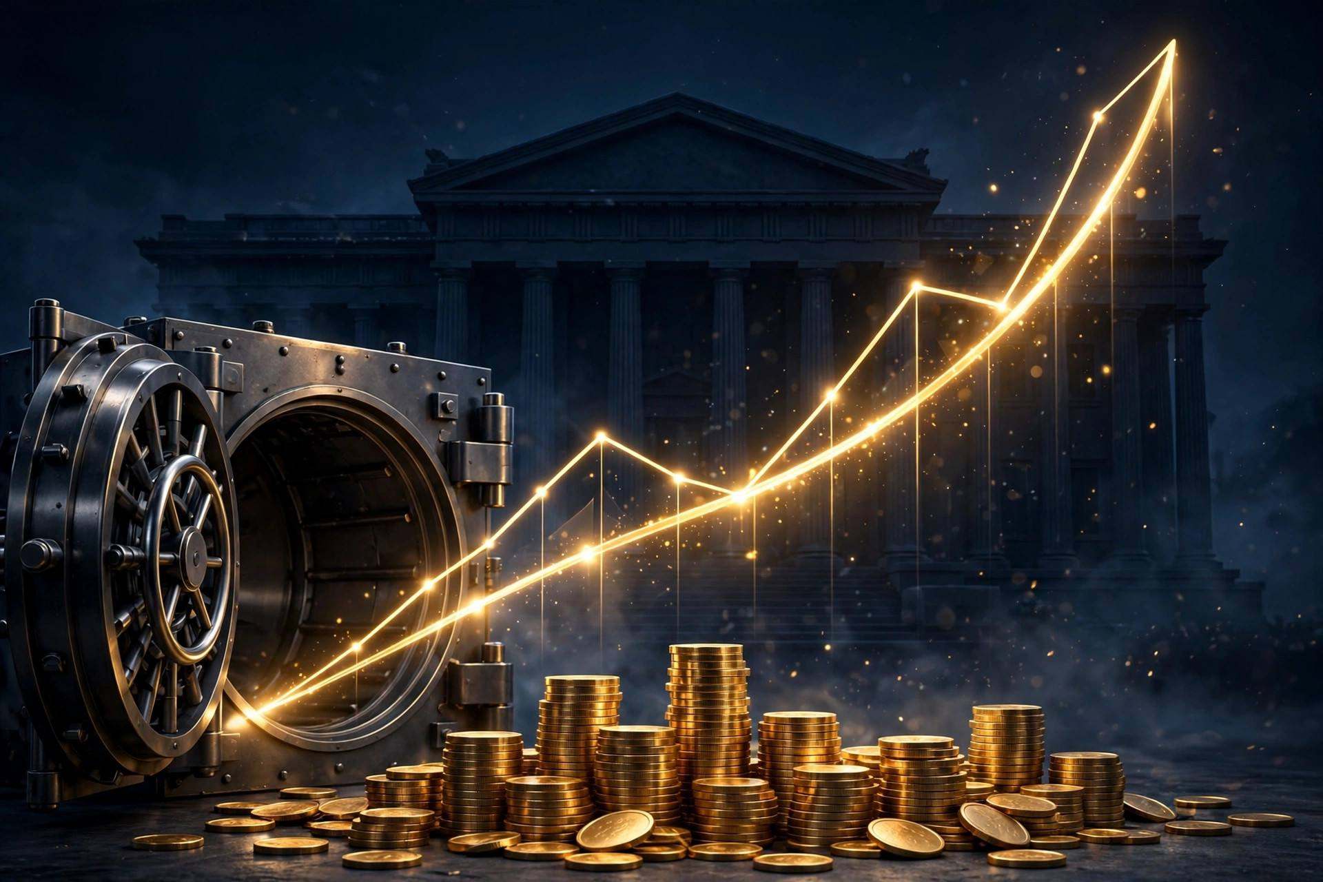 Bank vault with rising gold interest rate chart, savings growing after the 2026 Fed rate hike