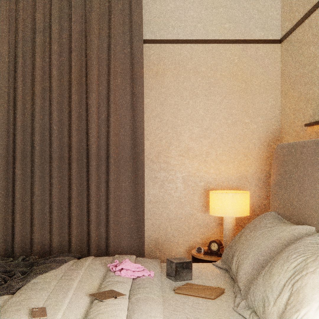 A calm bedroom nightstand with a warm lamp, a book, and an alarm clock