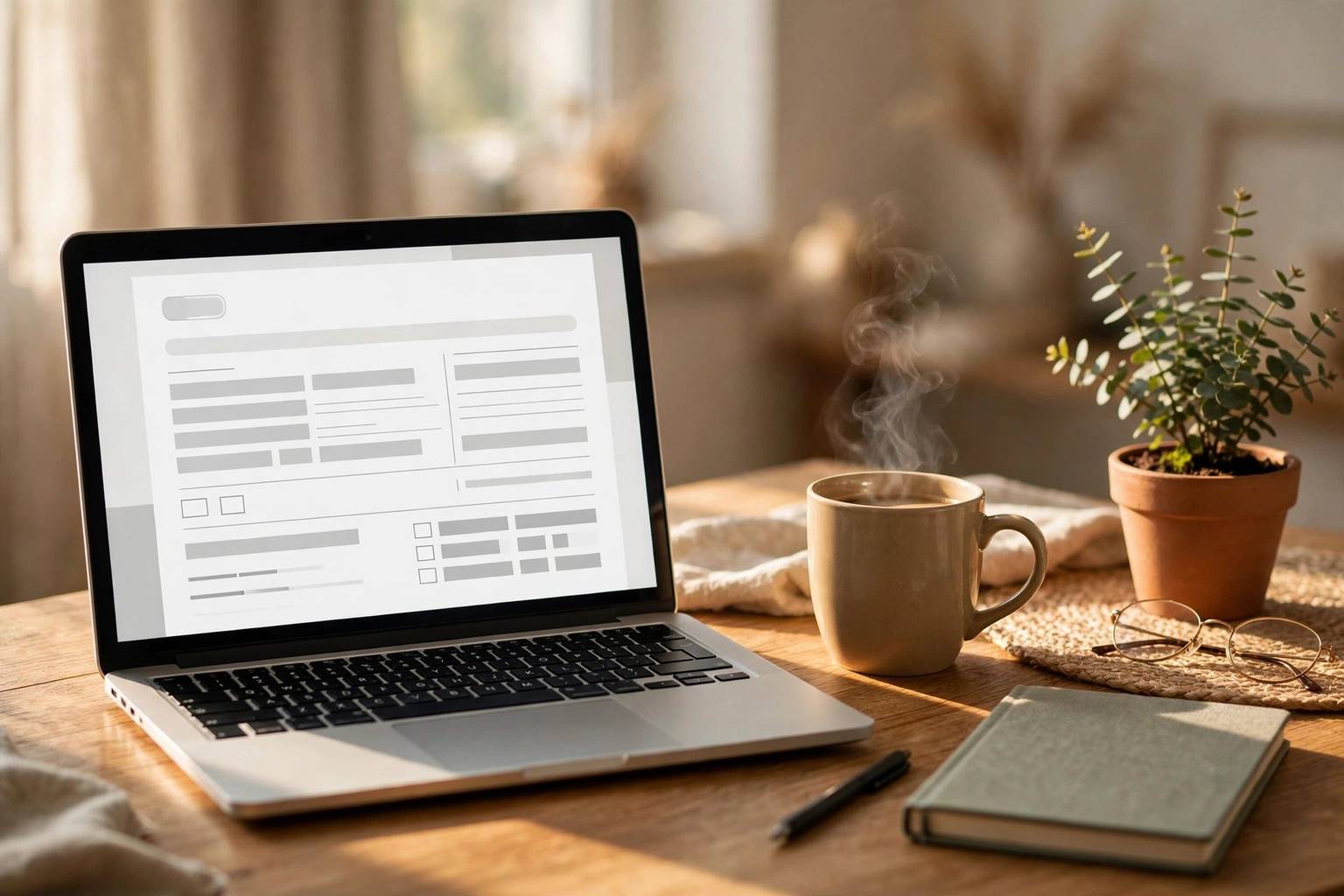 Freelancer desk with a laptop showing a digital invoice, representing invoicing tools for freelancers