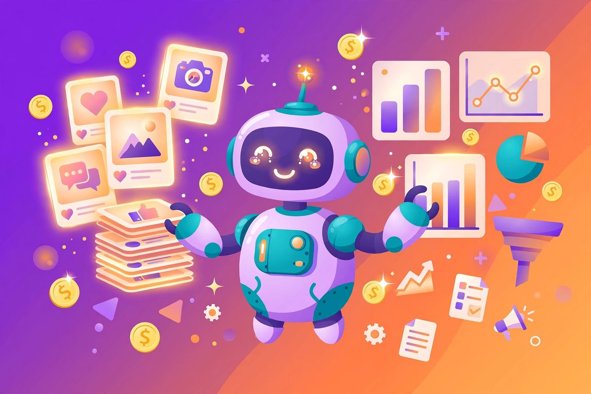 Colorful illustration of a robot assistant organizing social media posts and marketing charts