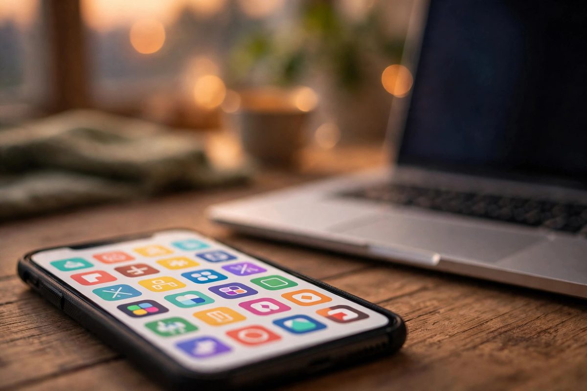 Smartphone with app icons beside a laptop in a home office, representing connecting business tools to Meta Muse