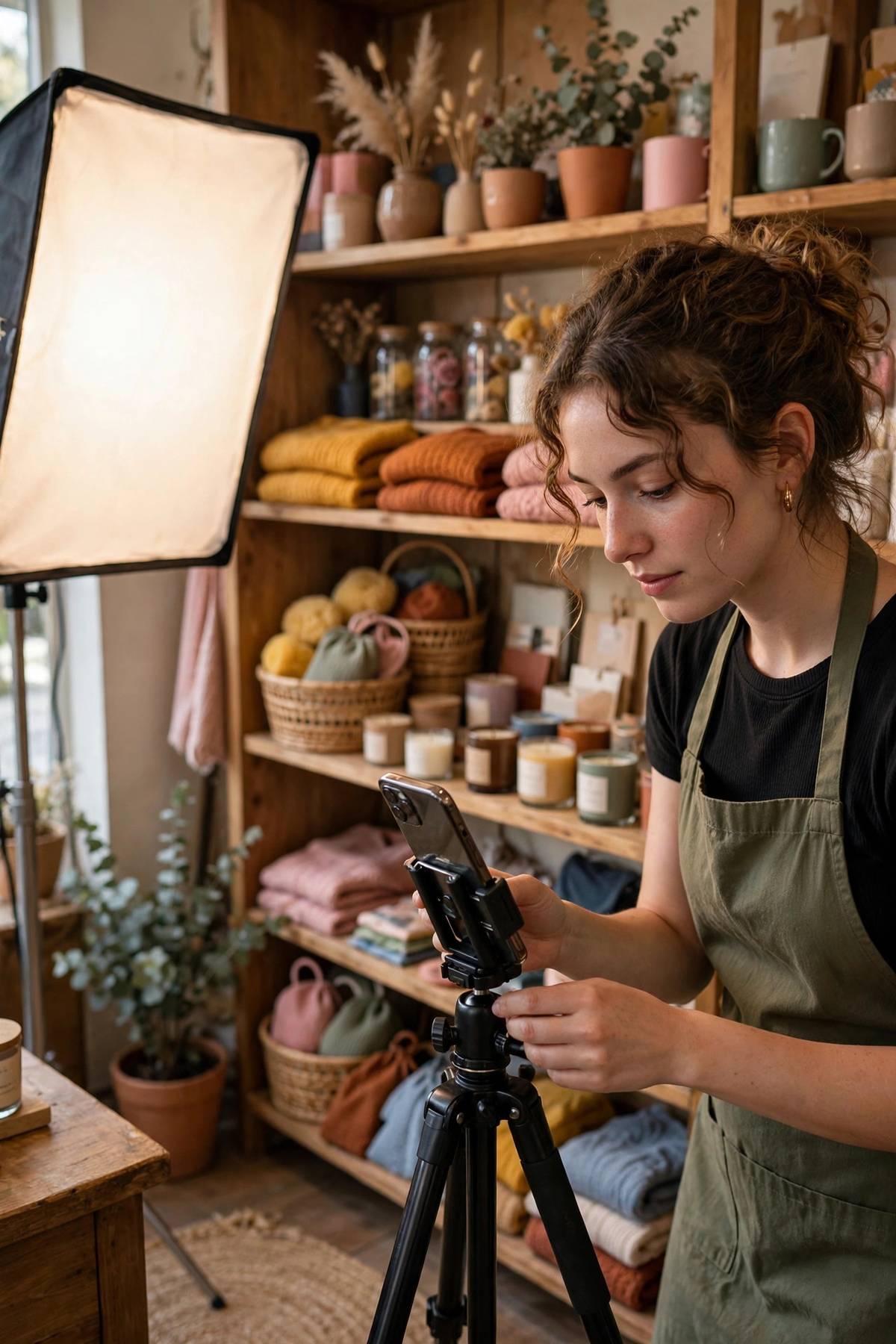 Shop owner filming a short vertical product video on a smartphone for social media ads
