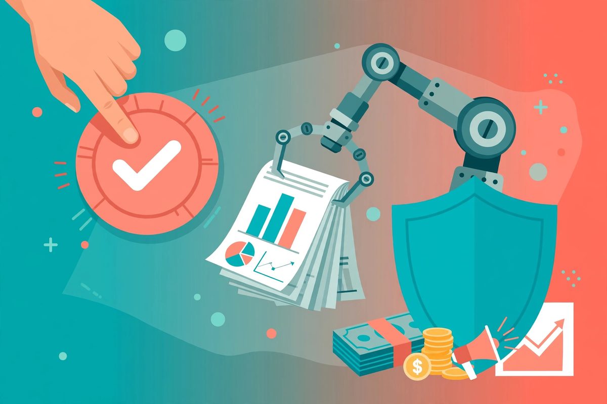 Illustration of a hand approving AI marketing drafts while a shield protects business data and ad spend