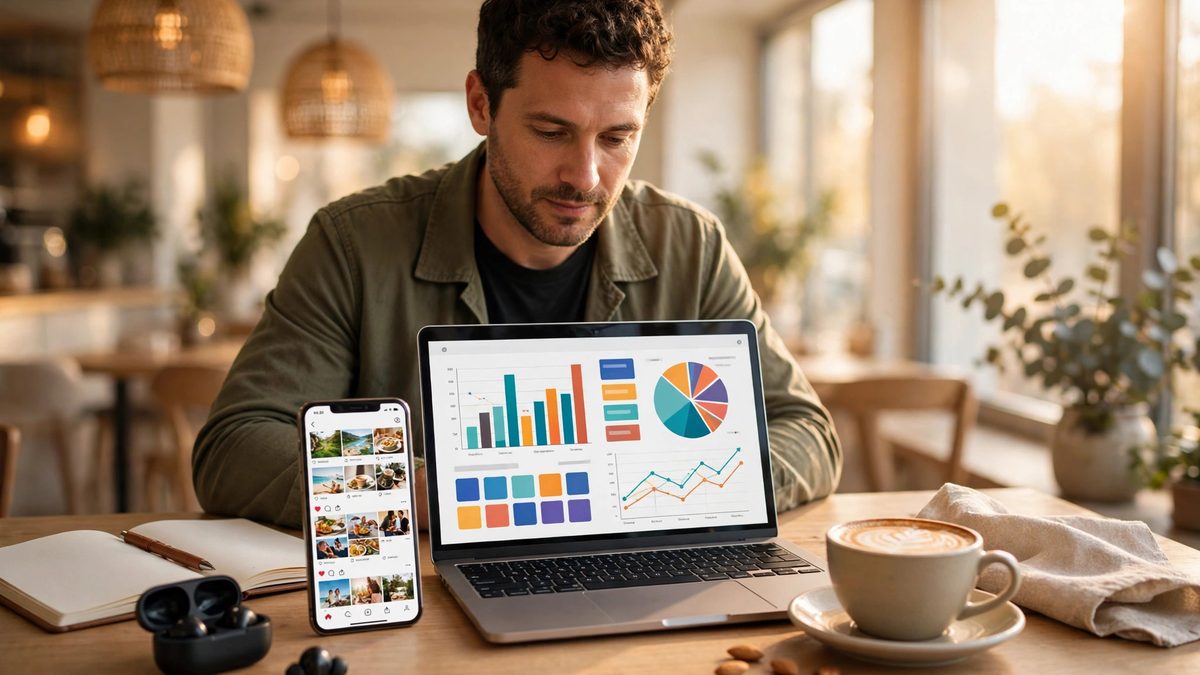 Small business owner reviewing marketing dashboard on a laptop with a smartphone showing social media posts at a cafe