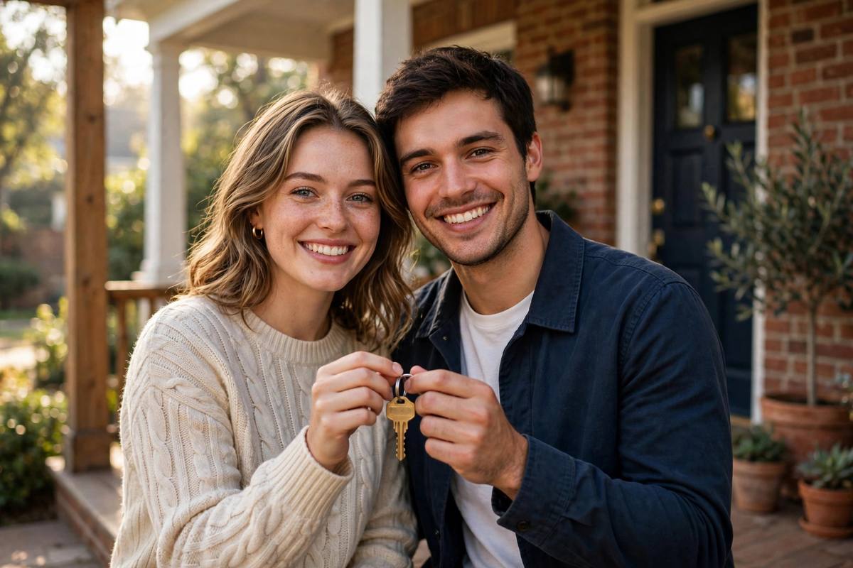 Couple holding house keys on their porch, buying a home at 7.40% mortgage rates 2026