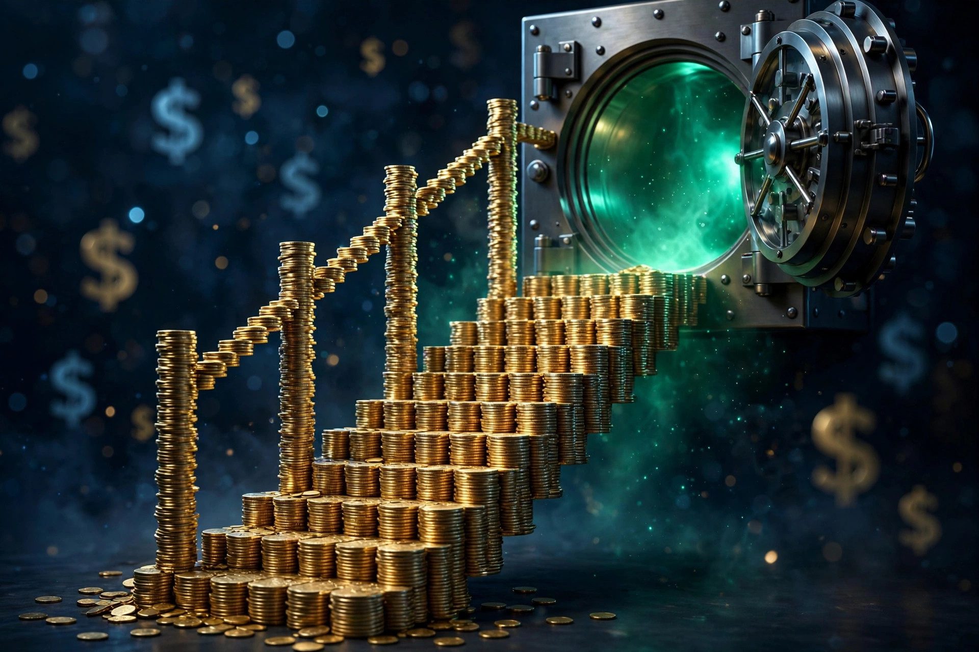 Golden staircase of coins rising to a glowing Roth IRA vault, roth ira conversion ladder 2026