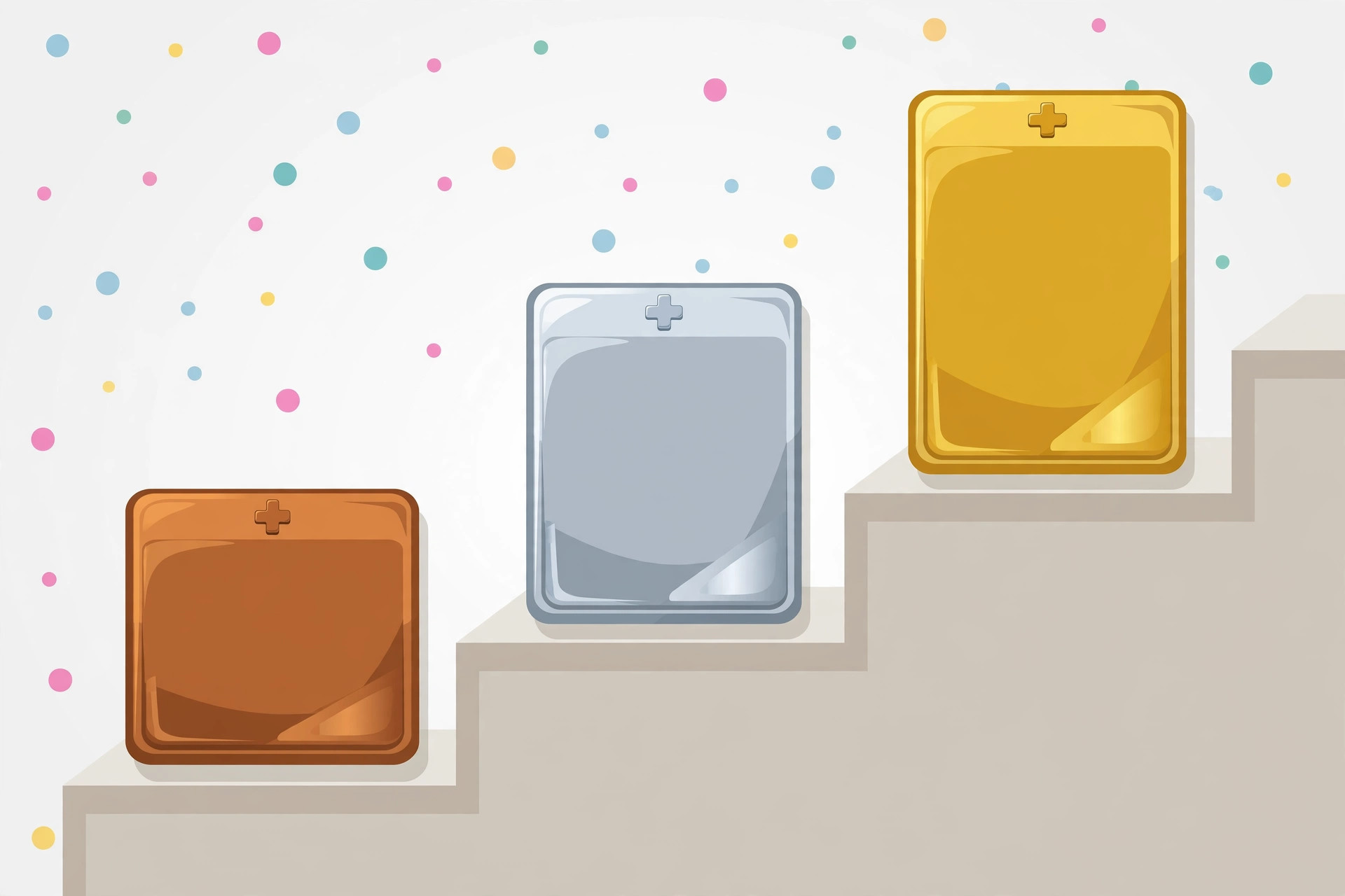 Three colorful stepped plan cards in bronze, silver, and gold arranged from lowest to highest tier