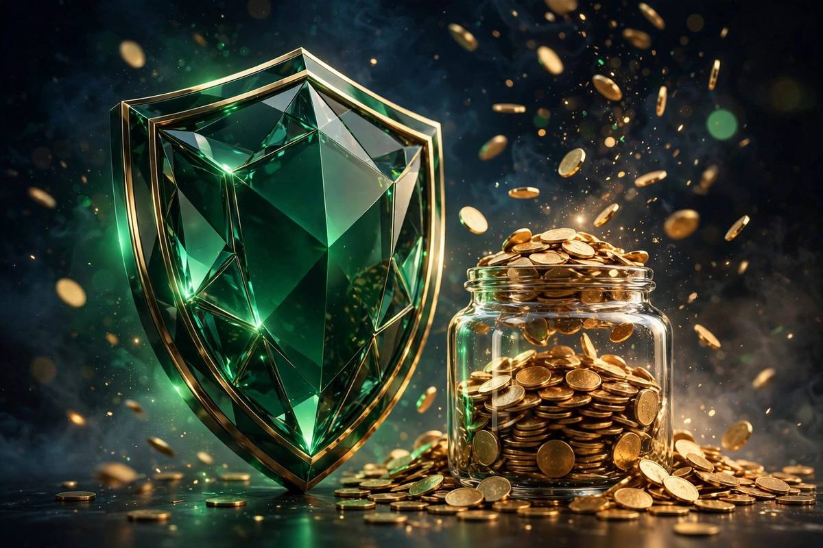 Glowing shield beside a savings jar filled with coins, symbolizing HSA health savings
