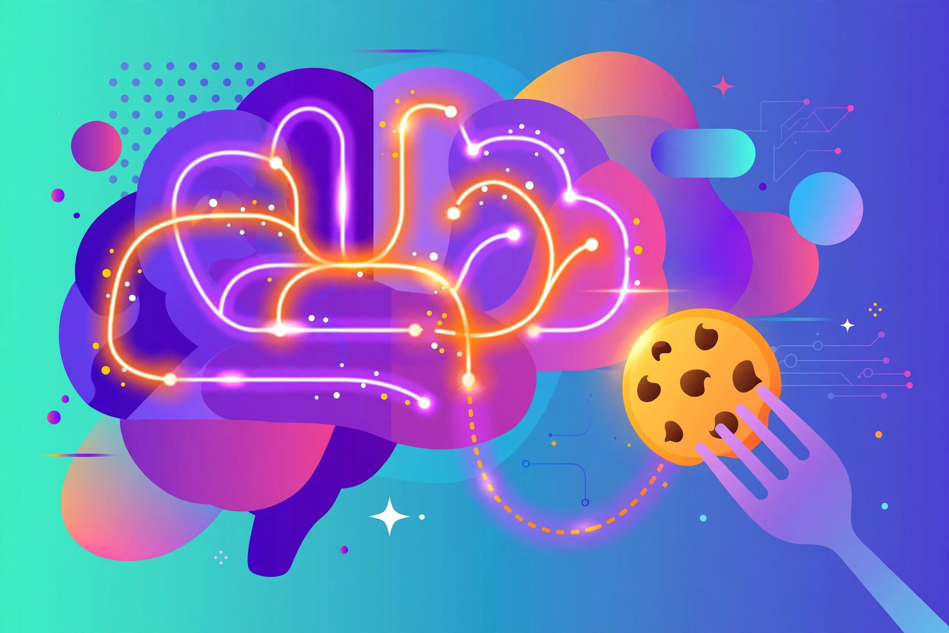 Illustration of brain reward pathways lighting up after eating ultra-processed food, October 2026 study