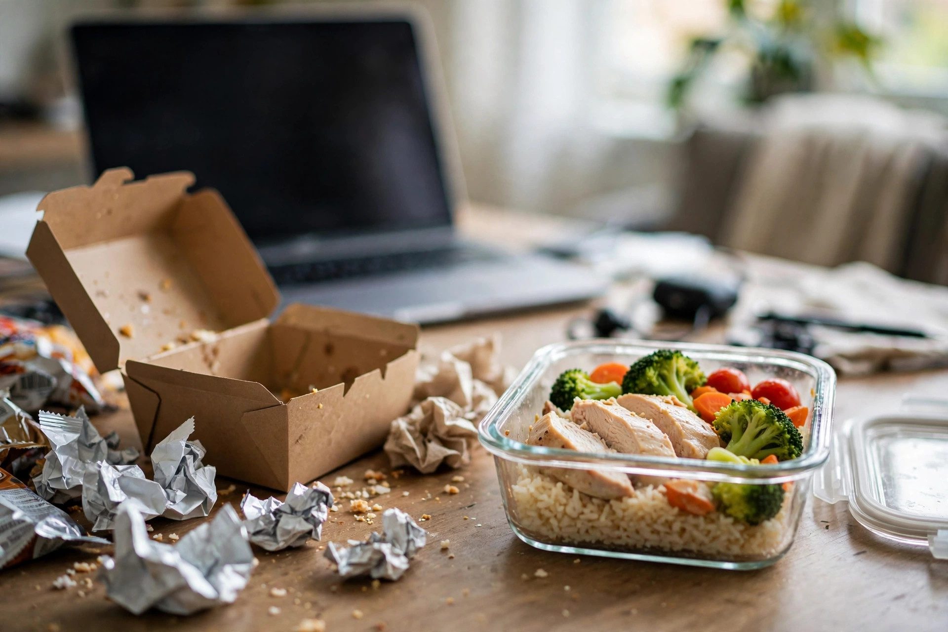 Home office desk with processed snacks on one side and a simple home-cooked lunch on the other