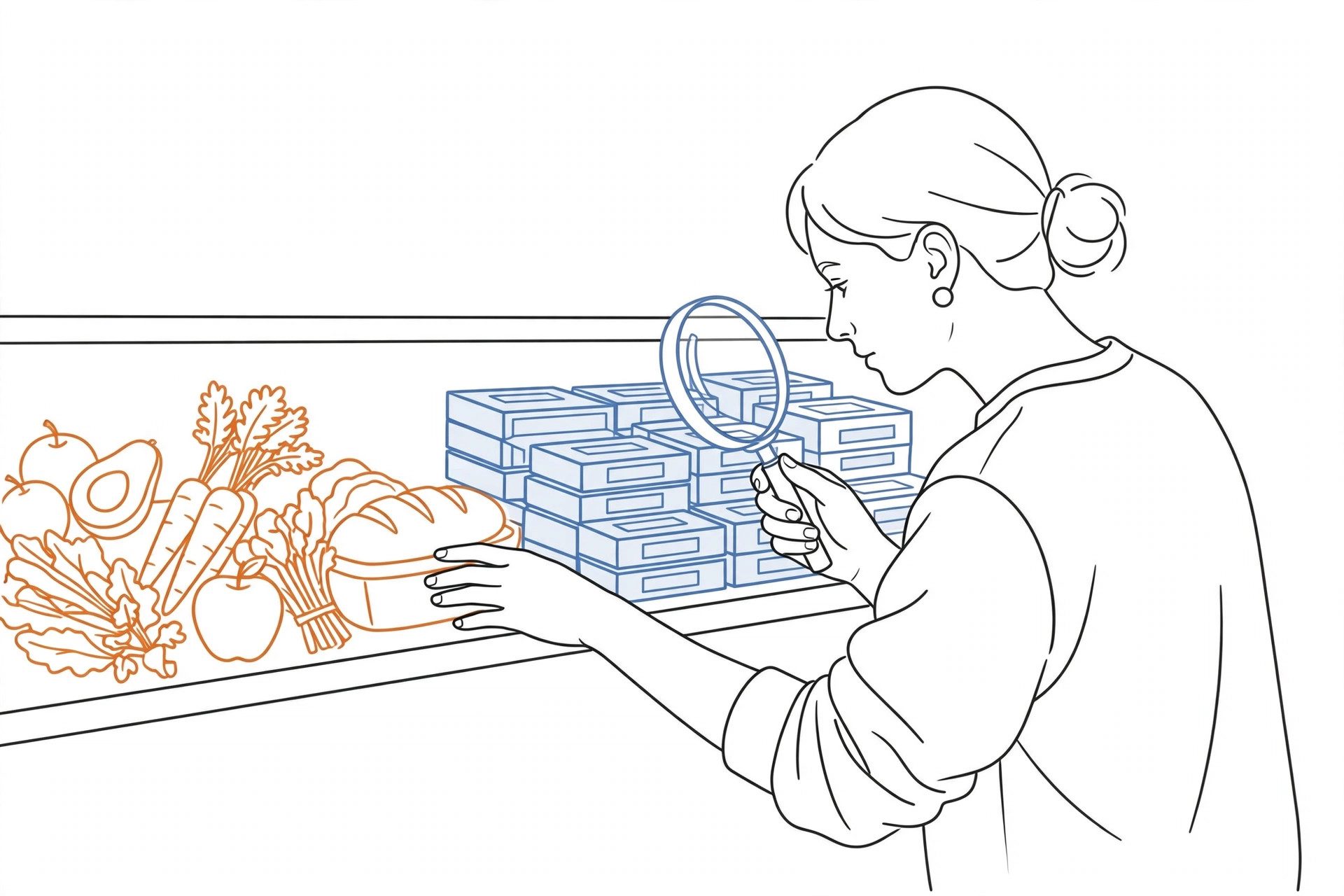 Shopper comparing whole foods and packaged foods at a grocery store with a magnifying glass