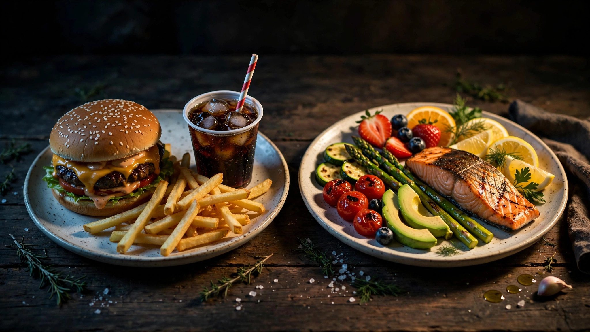 Two plates side by side, ultra-processed fast food meal versus fresh whole food meal, ultra-processed food study 2026