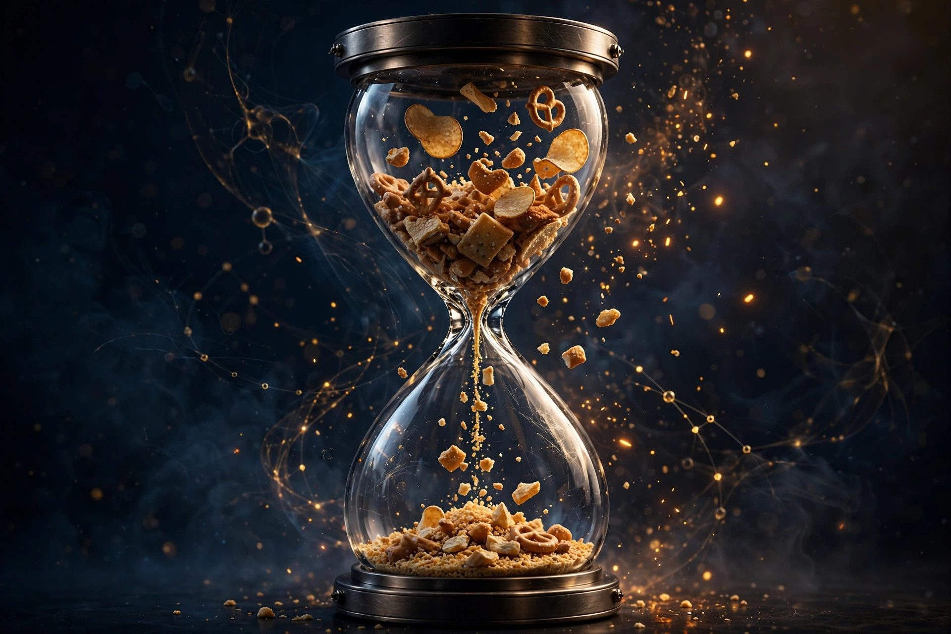 Hourglass with processed snack foods crumbling through, representing metabolic effects over time