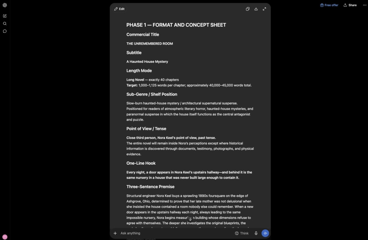 ChatGPT generating a story bible from the prompt
