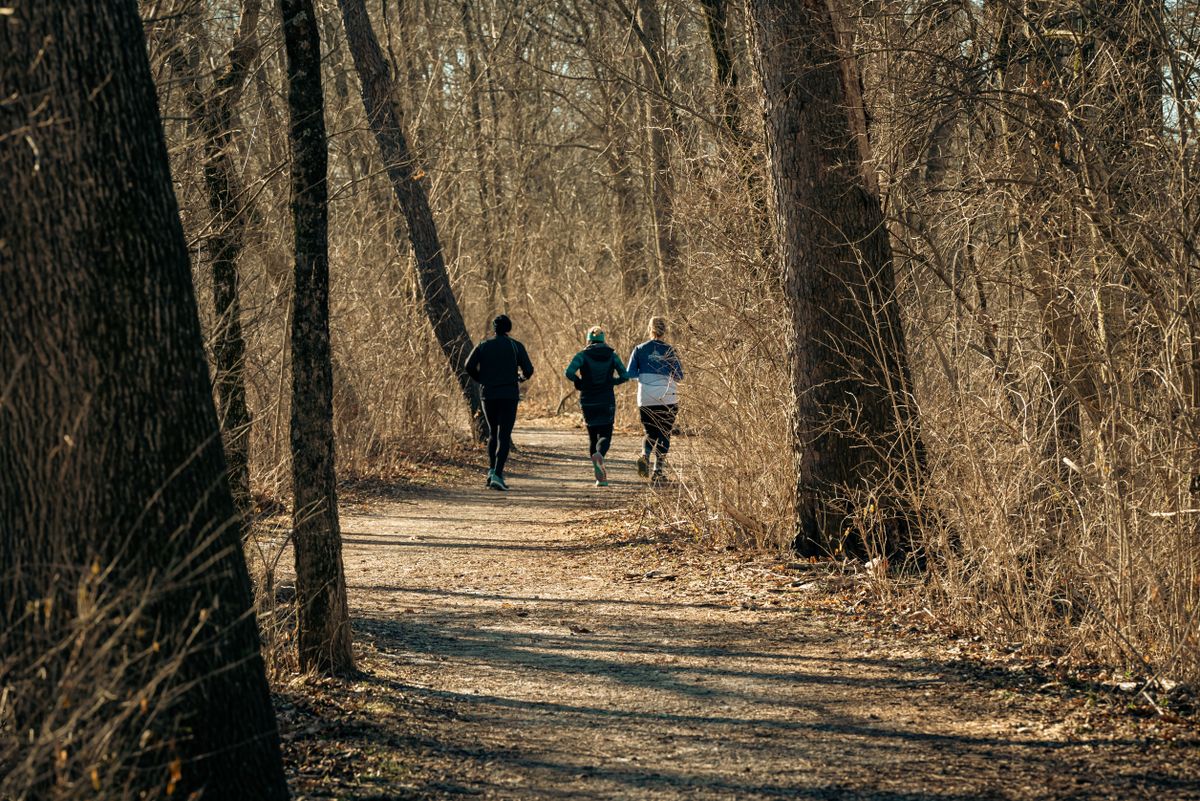 Three friends jogging together on a forest trail, chatting as they run